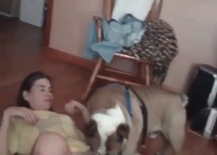 Shy babe and her shy little doggy